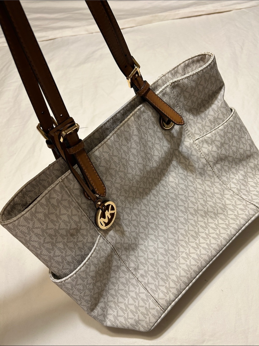 Michael Kors Gray Beige Logo Tote with Brown Leather Straps
